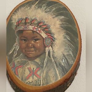 Native American Child Portrait on Wood Slice - Red & Cream Headdress